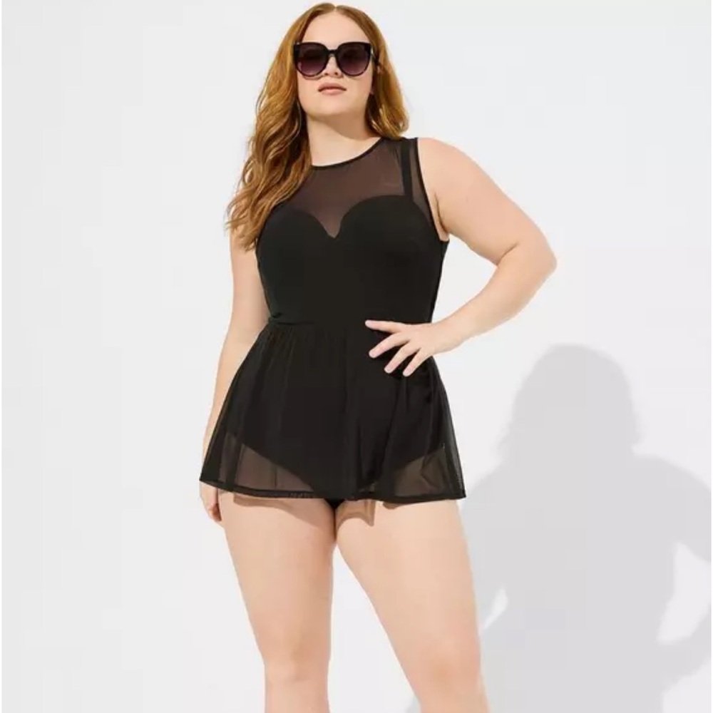 NWT Torrid Underwire Long Mesh Overlay Swim Dress in black with a sheer mesh